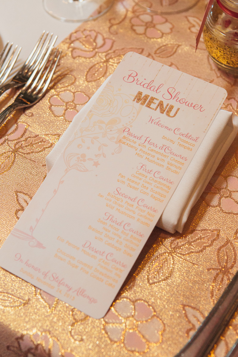 Pink and Gold Glitter Bridal Shower Menu Cards | The Majestic Vision Wedding Planning | Cafe Chardonnay in Palm Beach, FL | www.themajesticvision.com | Robert Madrid Photography