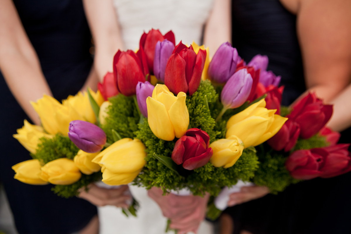 Romatic Red, Yellow and Purple Tulip Bridesmaid Bouquets | The Majestic Vision Wedding Planning | Ann Norton Sculpture Garden in Palm Beach, FL | www.themajesticvision.com | Dove Wedding Photography