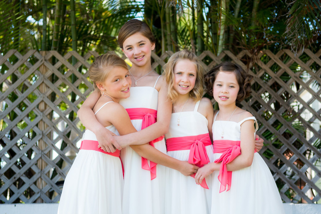 Simple White and Coral Flower Girl Dresses | The Majestic Vision Wedding Planning | Palm Beach Shores Community Center in Palm Beach, FL | www.themajesticvision.com | Chris Kruger Photography