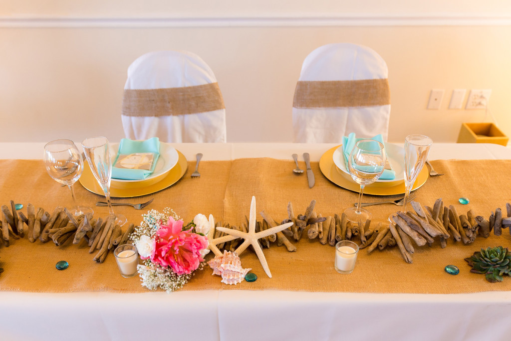 Rustic Tablescape with Blue Mason Jars, Coral Carnations and Burlap Runner | The Majestic Vision Wedding Planning | Palm Beach Shores Community Center in Palm Beach, FL | www.themajesticvision.com | Chris Kruger Photography