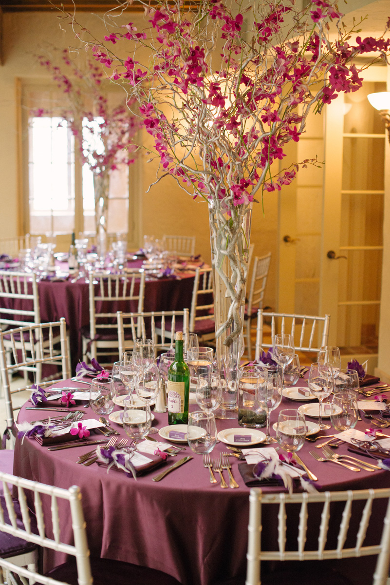 Elegant Centerpiece with Silver Manzanita Tree and Purple Orchids | The Majestic Vision Wedding Planning | The Addison Boca in Palm Beach, FL | www.themajesticvision.com | Starfish Studios