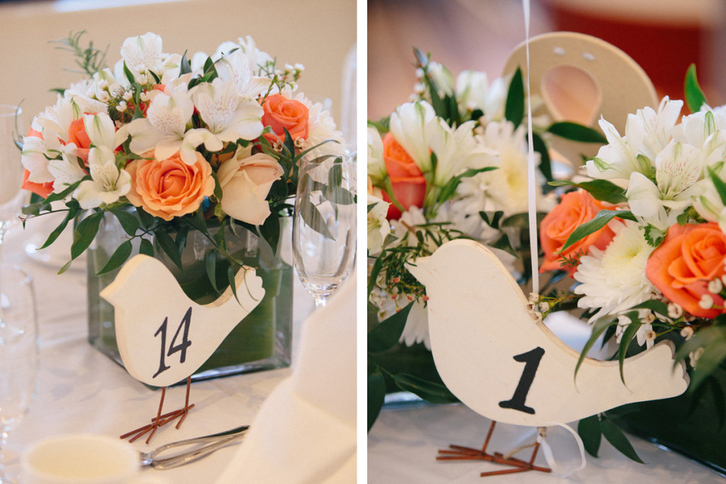 Modern Centerpieces with White Roses and Orange Roses and Bird Table Number | The Majestic Vision Wedding Planning | Marriott Singer Island in Palm Beach, FL | www.themajesticvision.com | Robert Madrid Photography