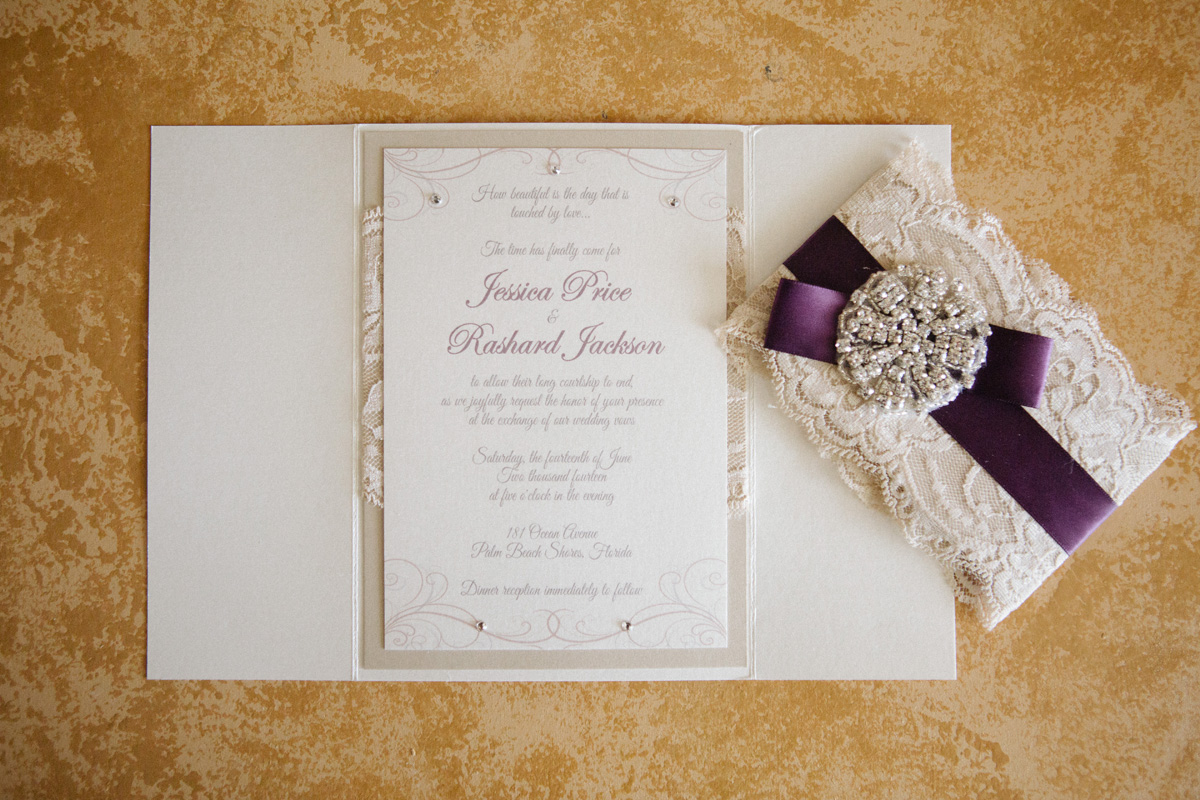 Elegant Purple and Lace Wedding Invitation | The Majestic Vision Wedding Planning | Sailfish Marina in Palm Beach, FL | www.themajesticvision.com | Robert Madrid Photography