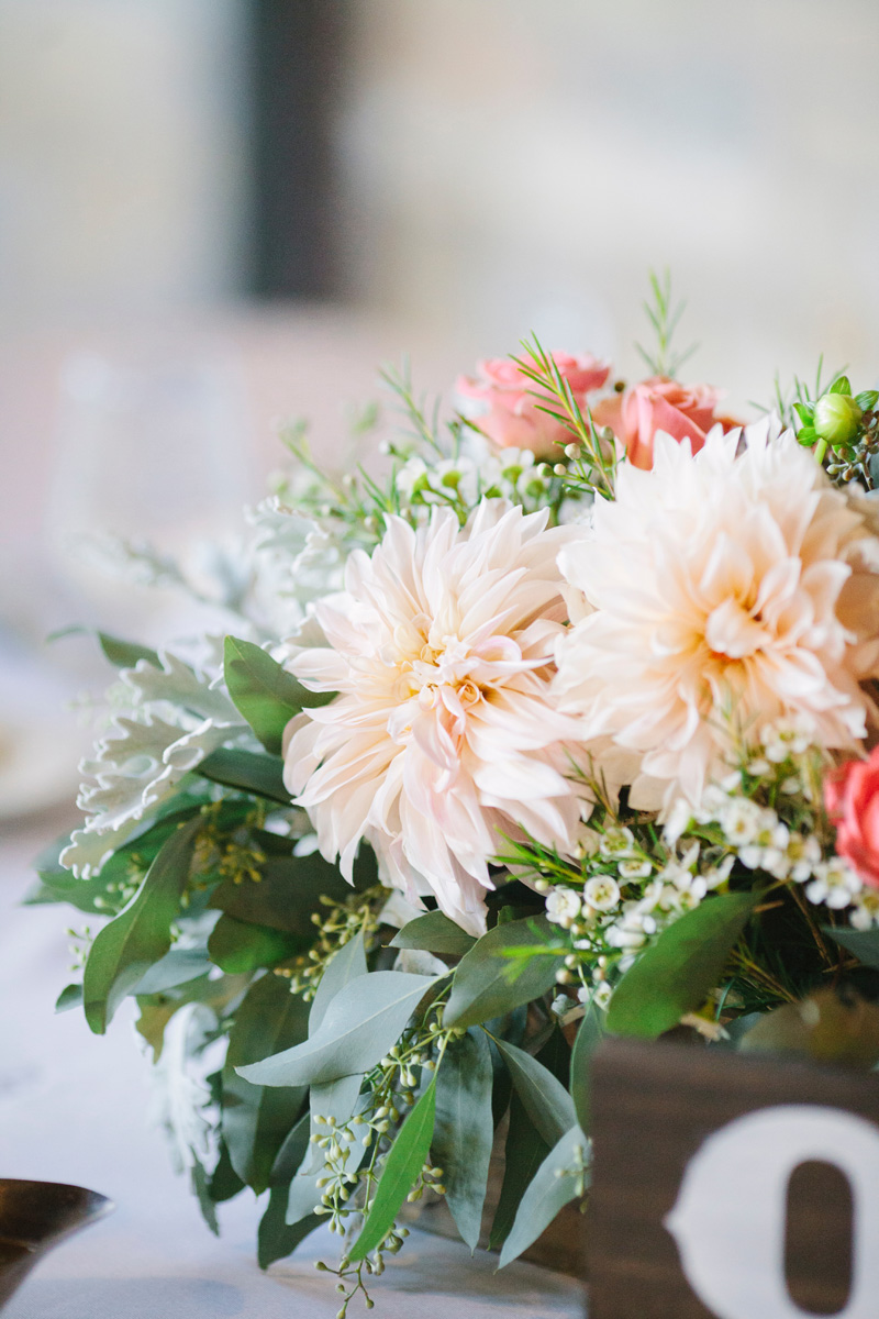 Elegant Centerpiece with Blush Dahlias, Coral Roses and Snapdragons | The Majestic Vision Wedding Planning | Pritzlaff Building in Milwaukee, WI | www.themajesticvision.com | Lisa Mathewson Photography