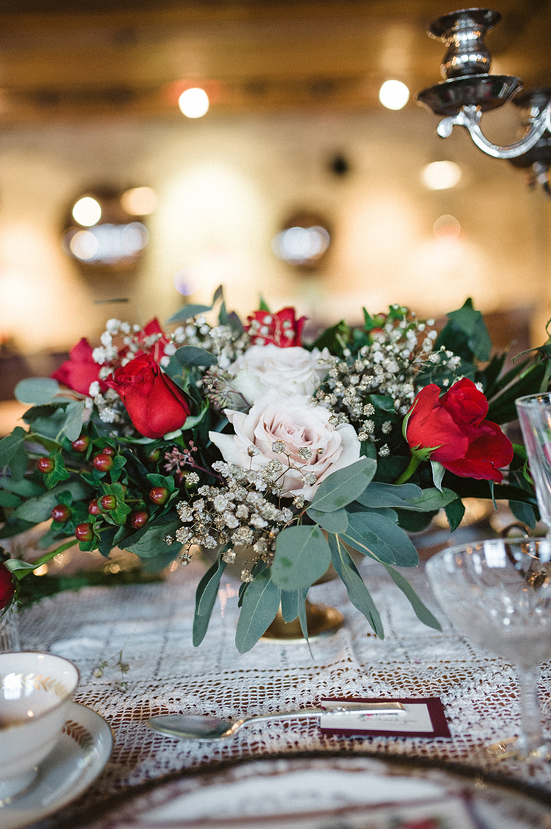 Elegant Vintage Marsala Centerpiece with Roses and Dahlias | The Majestic Vision Wedding Planning | Anodyne Coffee in Milwaukee, WI | www.themajesticvision.com | Elizabeth Haase Photography