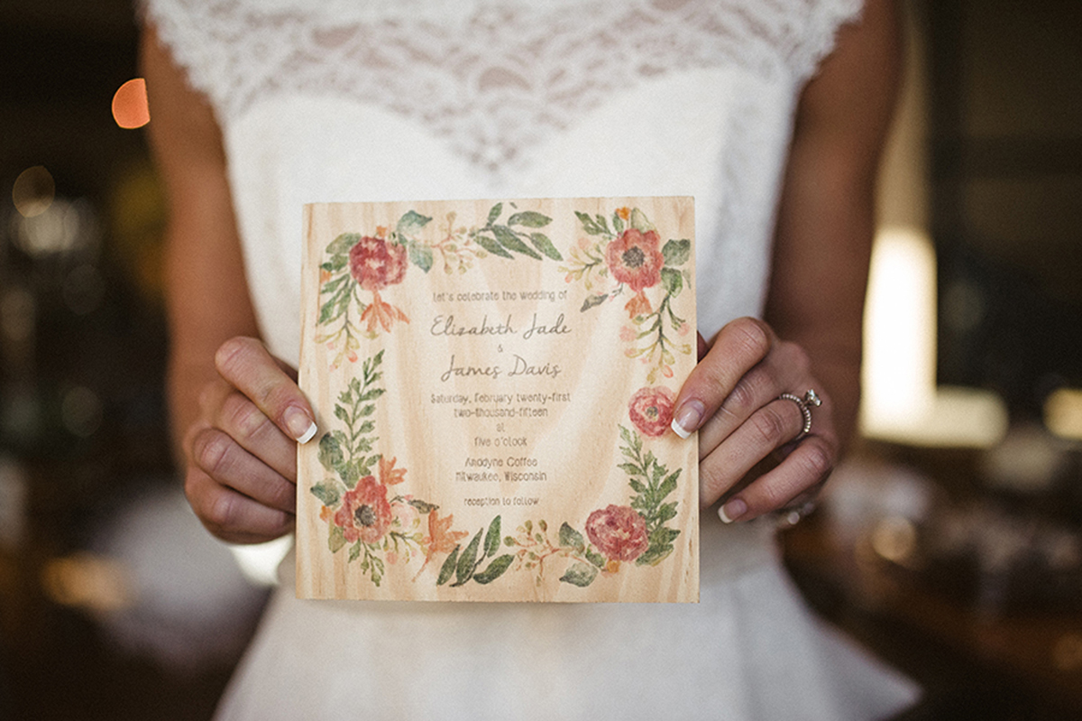 Elegant Wood Wedding Invitation | The Majestic Vision Wedding Planning | Anodyne Coffee in Milwaukee, WI | www.themajesticvision.com | Elizabeth Haase Photography