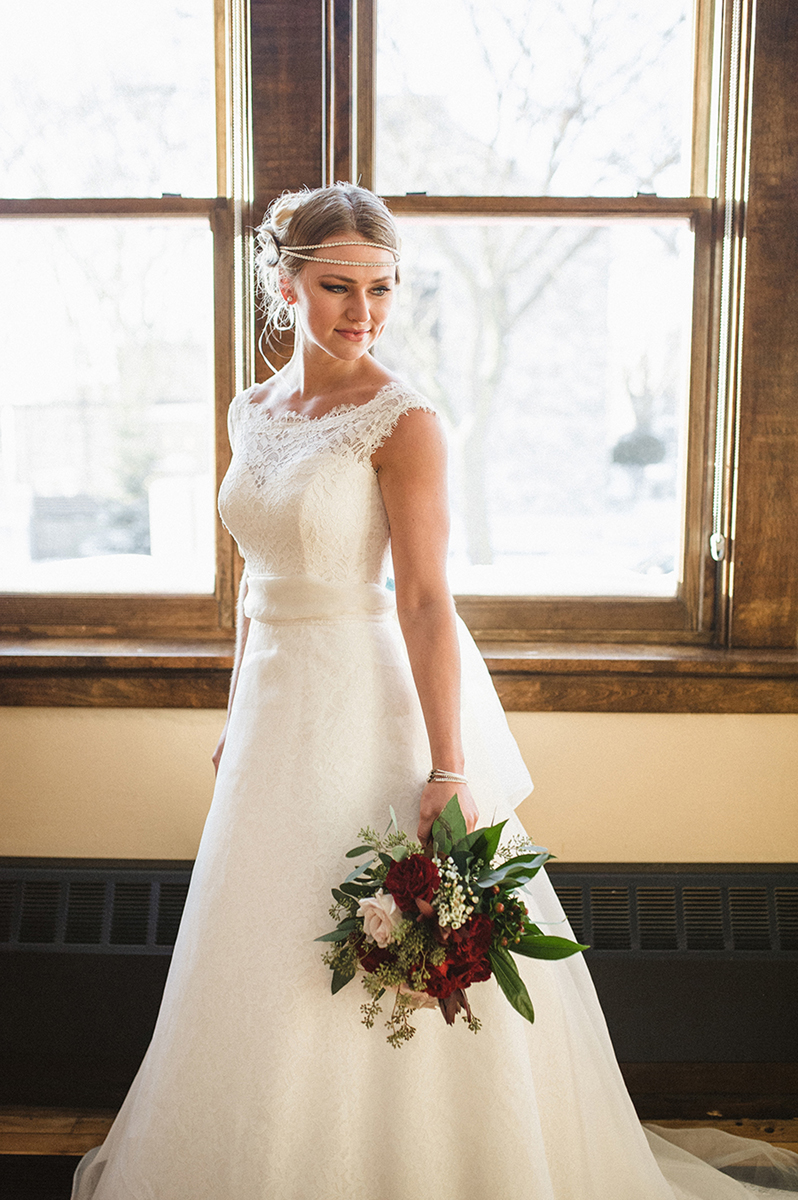 Stunning Bride in Mikaella Gown with Elegant Marsala Bridal Bouquet with Roses and Dahlias | The Majestic Vision Wedding Planning | Anodyne Coffee in Milwaukee, WI | www.themajesticvision.com | Elizabeth Haase Photography
