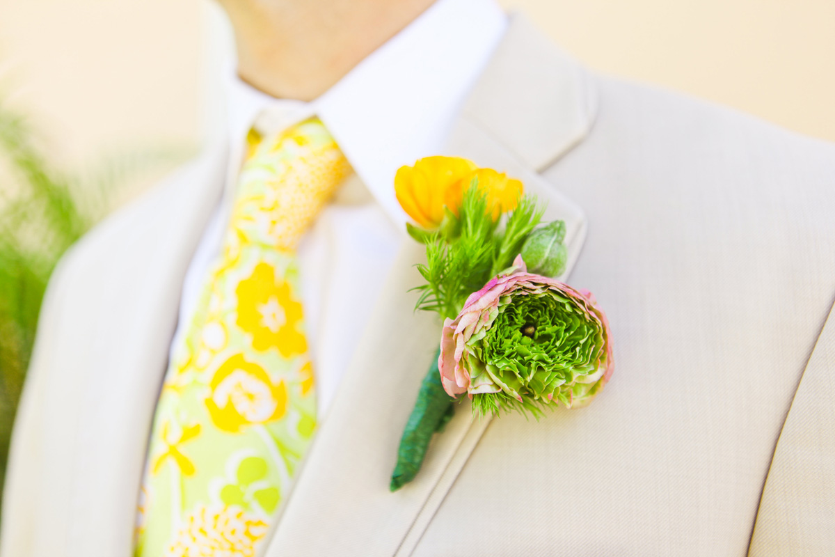Vintage Yellow Lilly Pulitzer Tie with Elegant Lilly Pulitzer Inspired Groom Boutineer with Orange, Yellow and Pink Flowers | The Majestic Vision Wedding Planning | The Colony Hotel in Palm Beach, FL | www.themajesticvision.com | Krystal Zaskey Photography
