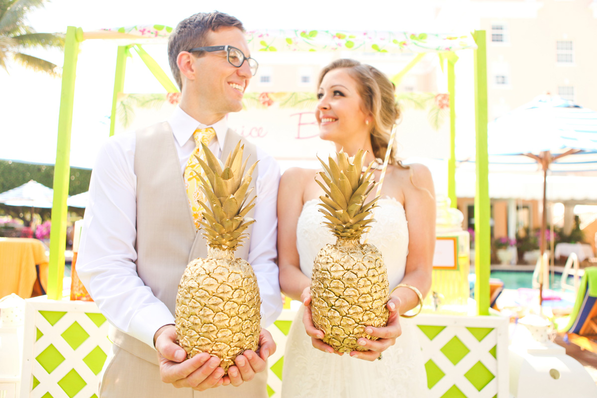 Elegant Lilly Pulitzer Inspired Juice Stand with Golden Pineapples | The Majestic Vision Wedding Planning | The Colony Hotel in Palm Beach, FL | www.themajesticvision.com | Krystal Zaskey Photography