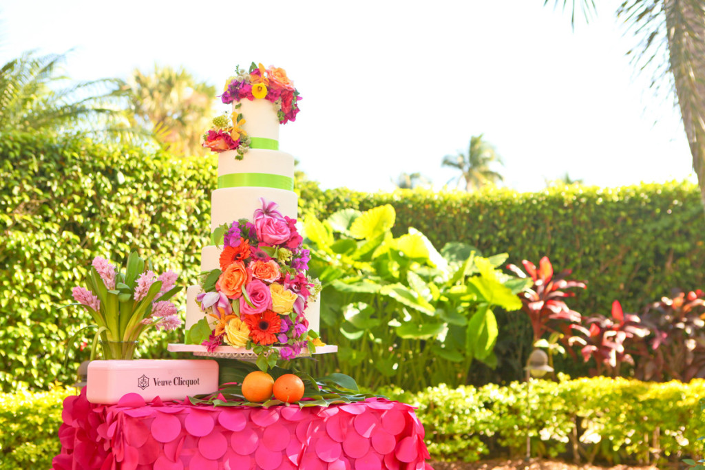 Elegant Lilly Pulitzer Inspired Wedding Cake with Orange, Yellow and Pink Flowers | The Majestic Vision Wedding Planning | The Colony Hotel in Palm Beach, FL | www.themajesticvision.com | Krystal Zaskey Photography