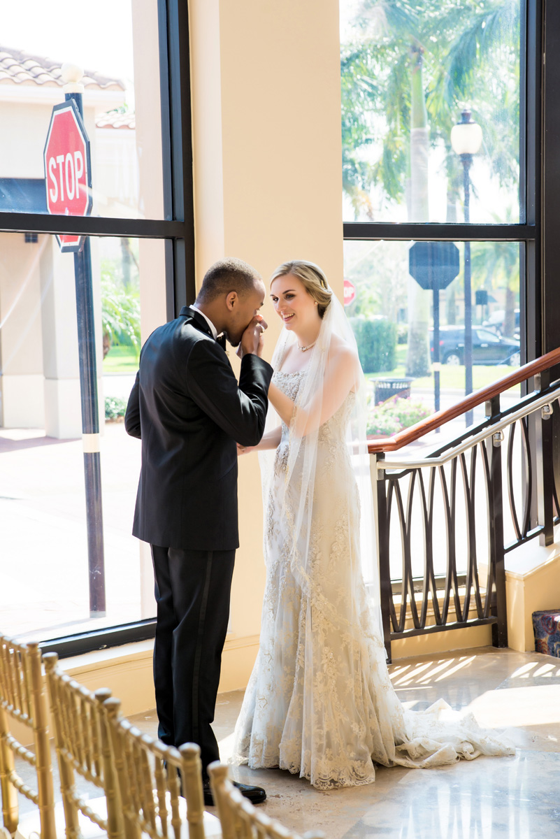 Sweet First Look between Interracial Couple | The Majestic Vision Wedding Planning | The Borland Center in Palm Beach, FL | www.themajesticvision.com | Enduring Impressions Photography