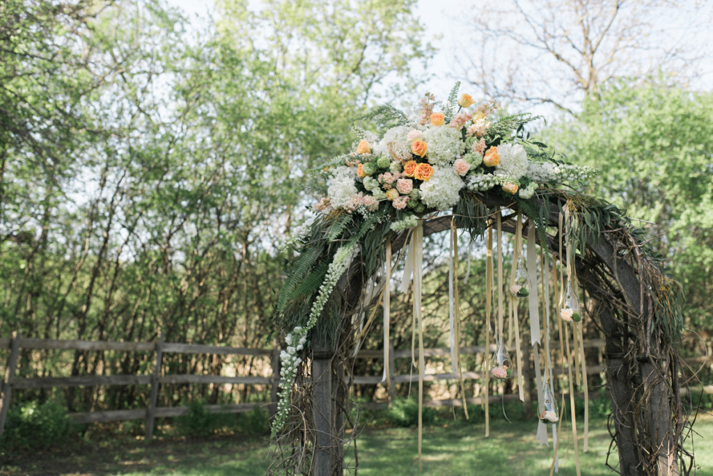 Elegant Ceremony Arch with Cream, Blush and Pink Flowers | The Majestic Vision Wedding Planning | Rustic Manor in Milwaukee, WI | www.themajesticvision.com | Elizabeth Haase Photography