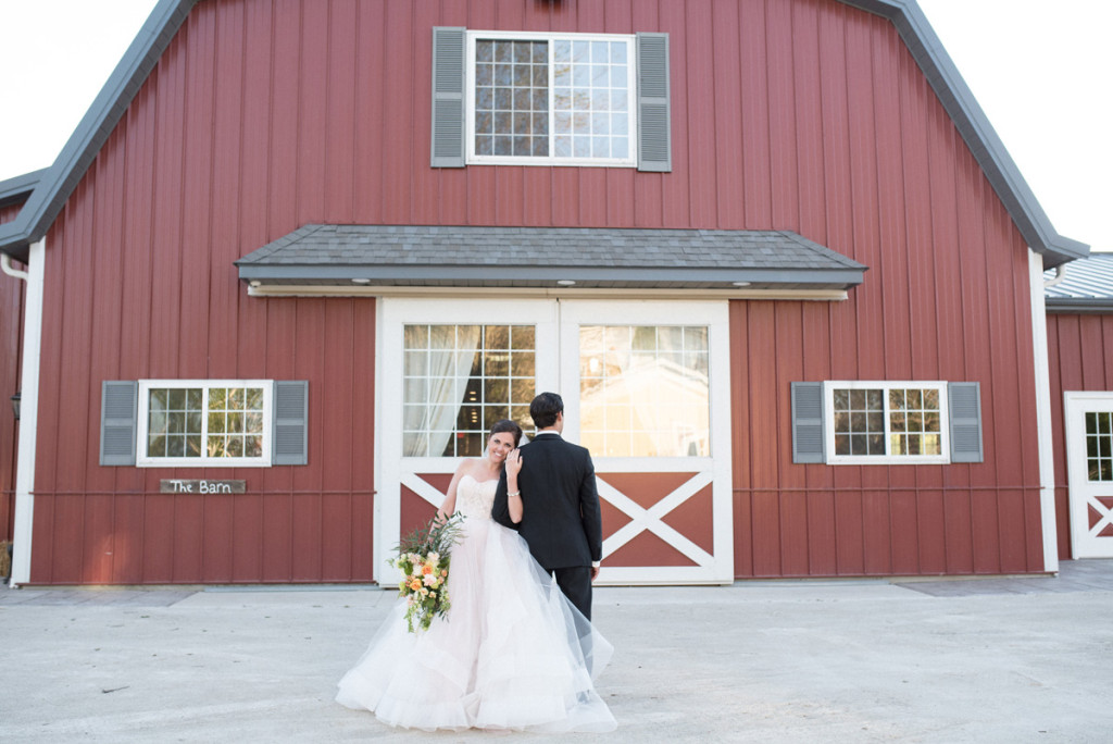 Beautiful Bride in Blush Tara Keely Gown With Handsome Groom in Front of Barn | The Majestic Vision Wedding Planning | Rustic Manor in Milwaukee, WI | www.themajesticvision.com | Elizabeth Haase Photography
