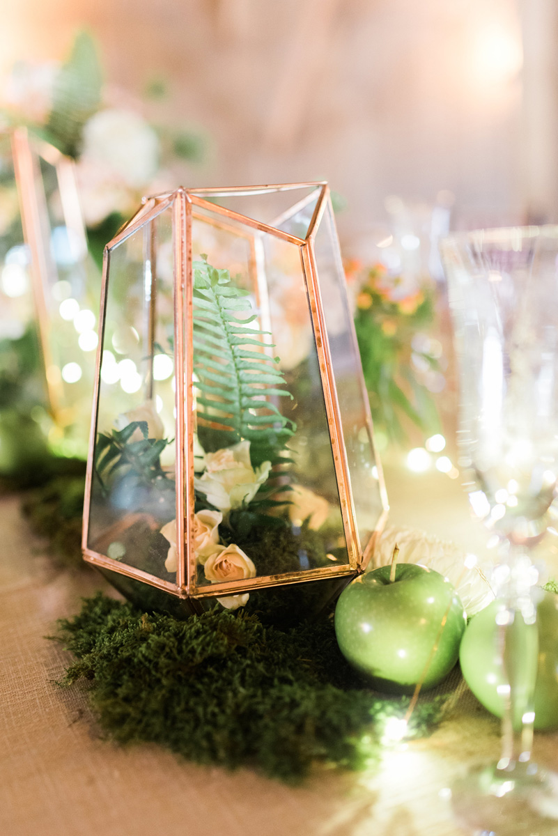 Elegant Blush and Pink Tablescape with Bronze Terrariums, Lush Greenery and Twinkle Lights | The Majestic Vision Wedding Planning | Rustic Manor in Milwaukee, WI | www.themajesticvision.com | Elizabeth Haase Photography