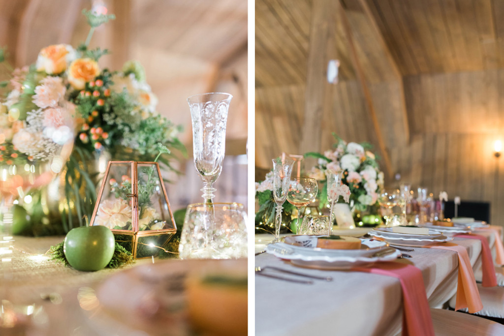 Elegant Blush and Pink Tablescape with Bronze Terrariums, Lush Greenery and Twinkle Lights | The Majestic Vision Wedding Planning | Rustic Manor in Milwaukee, WI | www.themajesticvision.com | Elizabeth Haase Photography