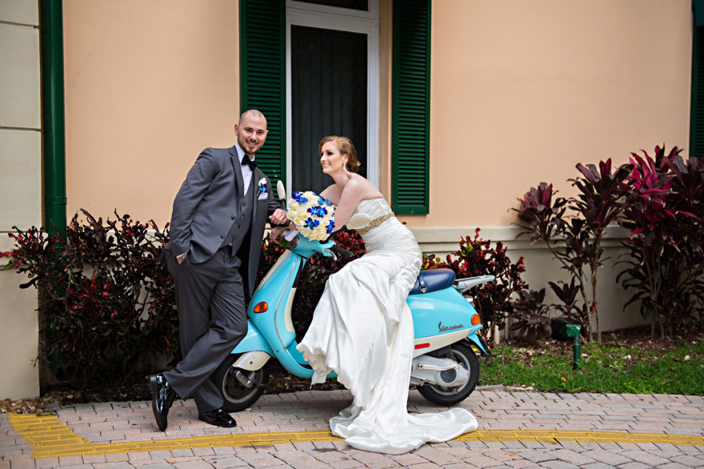 Fun Couple Portrait on Blue Moped | The Majestic Vision Wedding Planning | Grand Bay Club in Key Biscayne, FL | www.themajesticvision.com | Emindee Images