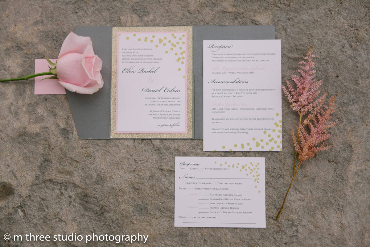 Pink and Gold Glitter Invitation | The Majestic Vision Wedding Planning | Legend of Brandybrook in Milwaukee, WI | www.themajesticvision.com | M Three Studio