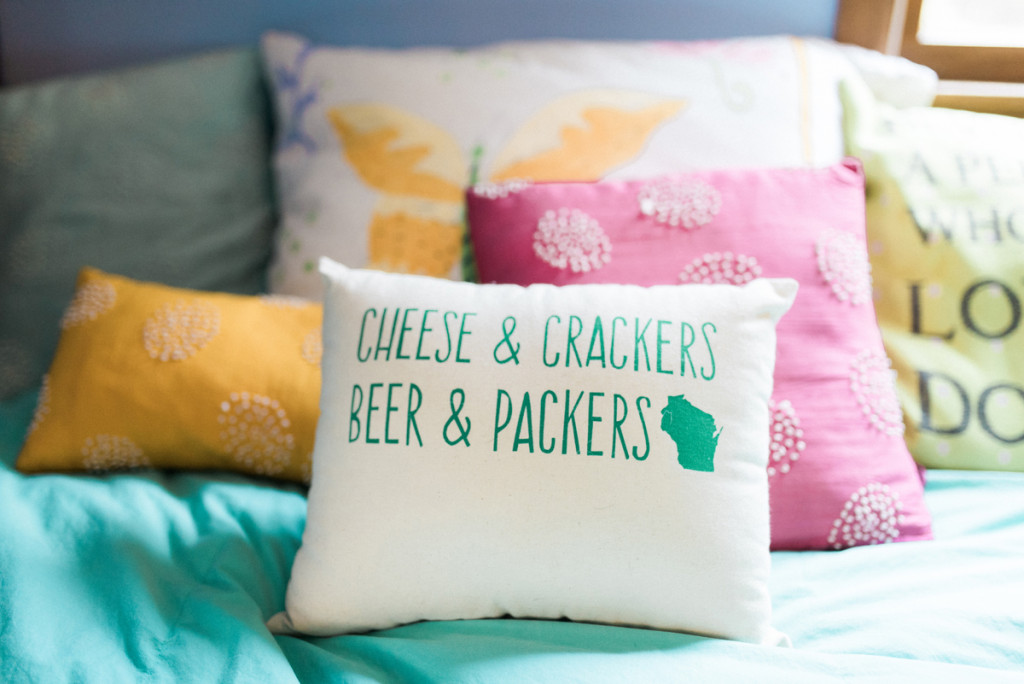 Packers Pillow at Romantic Mint and Serenity Blue Farm Wedding | The Majestic Vision Wedding Planning | Private Residence in Milwaukee, WI | www.themajesticvision.com | Elizabeth Haase Photography