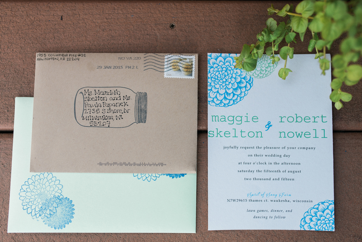 Hand-Stamped Invitation Suite for Romantic Mint and Serenity Blue Farm Wedding | The Majestic Vision Wedding Planning | Private Residence in Milwaukee, WI | www.themajesticvision.com | Elizabeth Haase Photography